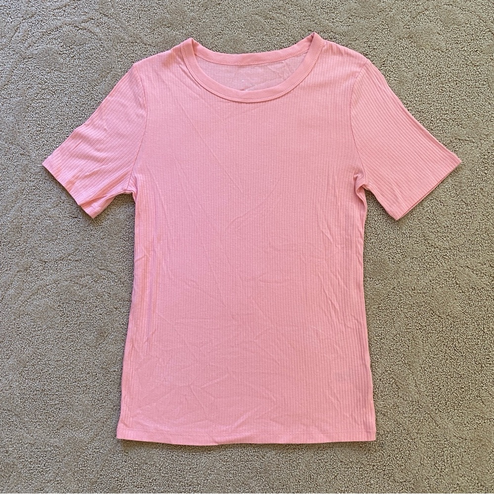 Target A New Day Short Sleeve Ribbed Crew Tee Shirt Top in Pink Salmon Size S